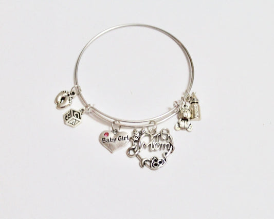 New Mom Expandable Charm Bangle Bracelet, Baby Boy Gift, Baby Girl Gift, New Mother Gift, Baby Shower Gift, New Baby Gift, New Mom Gift